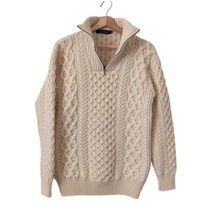 Irelands Eye Wool Cable Knit Fisherman 1/4 Zip Sweater Cream Size M Winter